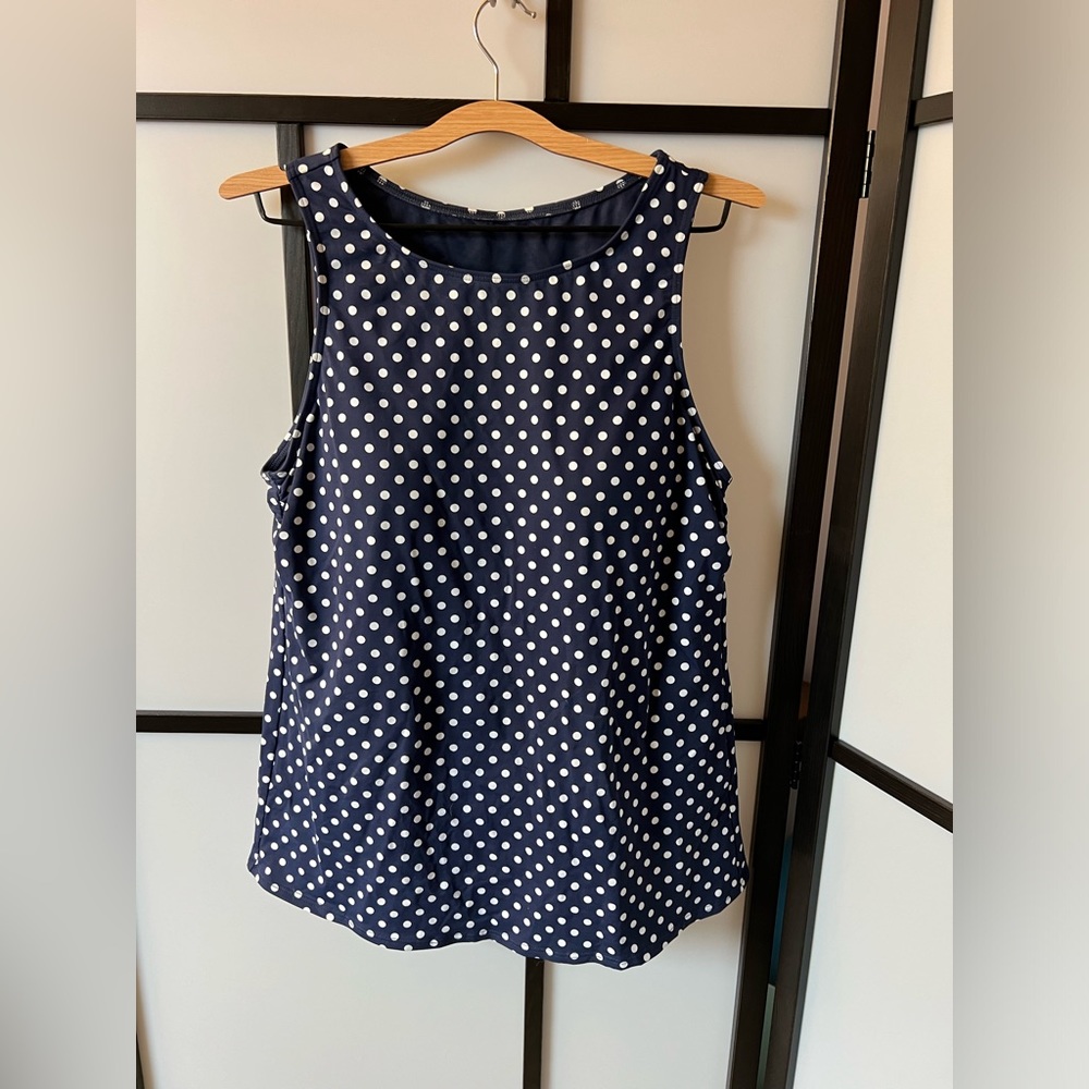 Lands End High Neck Tankini Top. 16L. Deep Sea Dot. VGUC. Long Torso